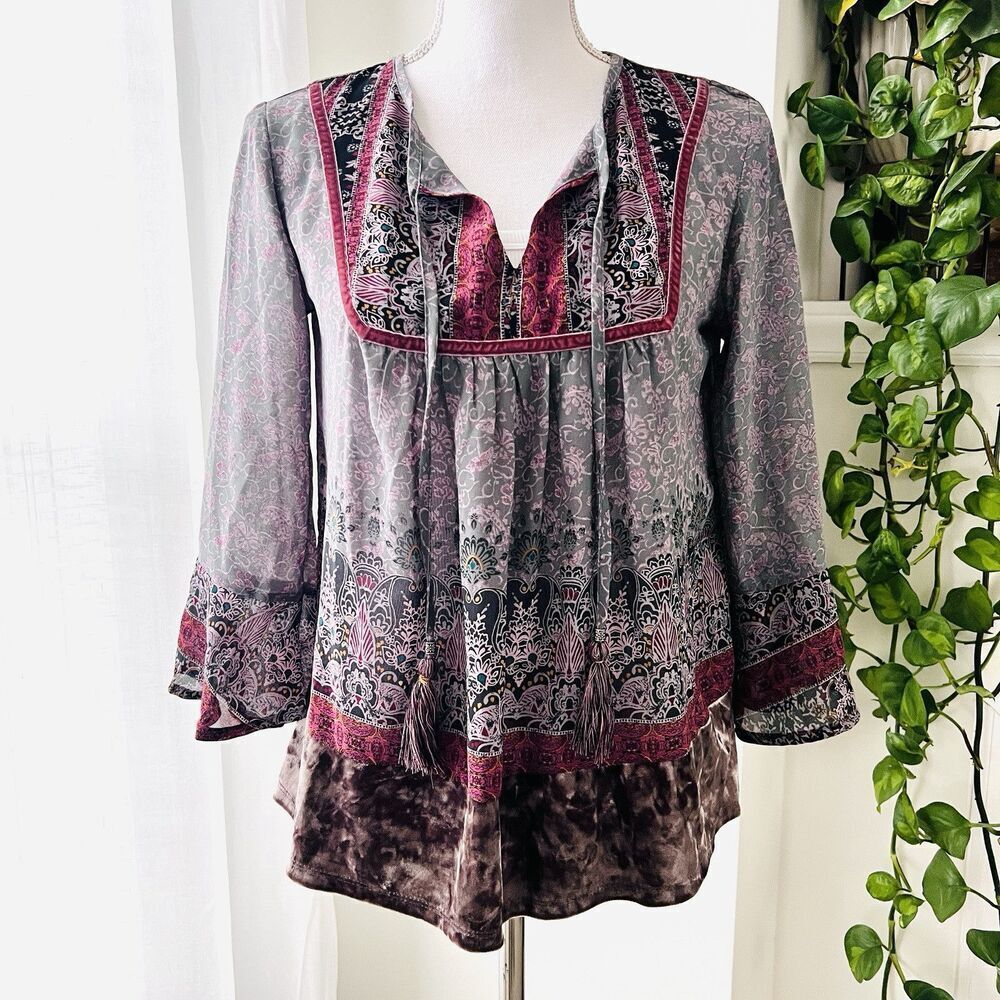 Clearance🎉Knox Rose Gray & Red Billowy Chiffon Boho Blouse w/ Velvety Trim XS